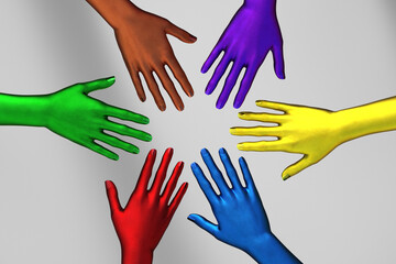 Multi-colored female hands on top of each other as a team. 3d illustration.