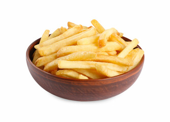 Bowl of delicious french fries on white background