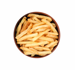 Bowl of delicious french fries on white background, top view