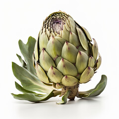 Obraz premium Artichoke, prickly leaves, purple flowers. The large bracts surrounding the artichoke flowers are the edible parts. 3D realistic illustration. On white background. Generative AI