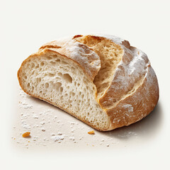Ciabatta bread, elongated, wide and flat. Bread of Italian origin, dough much wetter than traditional French bread. 3D realistic organic illustration, on white background. Generative AI Technology - obrazy, fototapety, plakaty