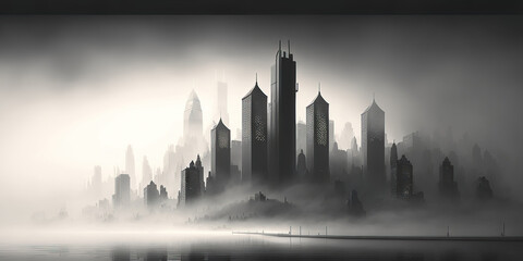 city skyline silhouette in fog, generative ai