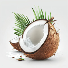 Cracked dried coconut, husk, coconut fiber and coconut water. 3D Realistic organic illustration. On white background. Generative AI - obrazy, fototapety, plakaty