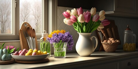 On the kitchen counter are an arrangement of tulips and a basket of Easter eggs. Generative AI
