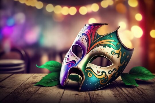 Carnival party. Venetian mask on table with bokeh background, banner. generative ai