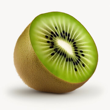 Sliced kiwi, brown and velvety skin, green pulp. 3D Realistic organic illustration. On white background. Generative AI