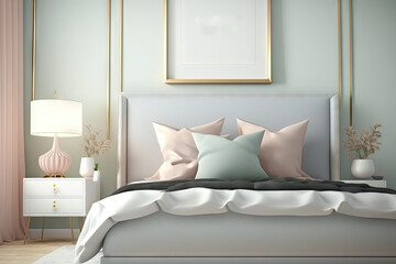 Bedroom interior background with mockup frame and soft pastel hues. Generative AI