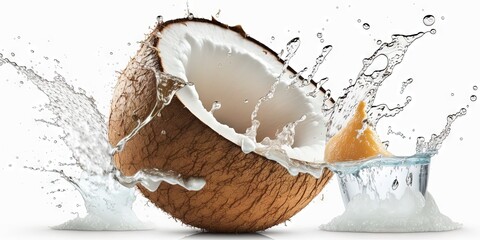 On a white background, a cool fresh coconut juice with water droplets is isolated. route clipping. Generative AI