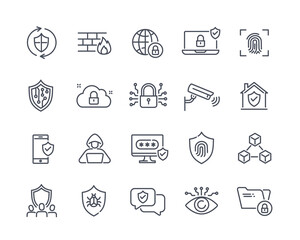 Set of security line icons. Data protection system, biometrics, video surveillance, authorization and cyber lock. Design elements for site. Cartoon flat vector collection isolated on white background
