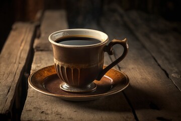 a cup of dark coffee or a single espresso shot on a piece of weathered wood. coffee shop drinks list. Generative AI