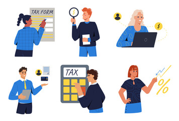 Set of tax experts characters. Male and female financial consultants or accountants analyze income, expenses and corporate budget. Money management. Cartoon flat vector collection isolated on white