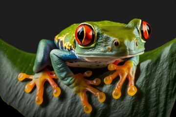 A close up of a red eyed frog (Agalychnis callidryas) resting on a leaf of green. Terrarium, zoo lab, zoology, herpetology, science, and education. Neotropical rainforest wildlife. Generative AI