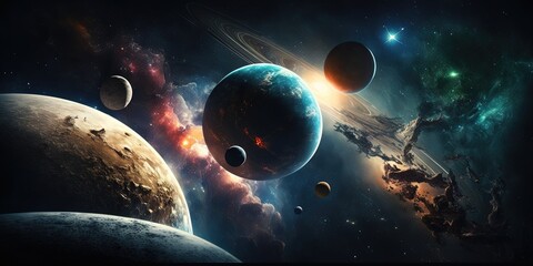 Universe scene with planets, stars and galaxies in outer space showing the beauty of space exploration - obrazy, fototapety, plakaty