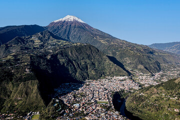 Aerial view of the Tungurahua volcano with a in snow covered top and the village Banos de Agua...
