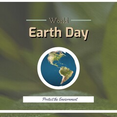 Composite of globe with world earth day and protect the environment text over defocused plants