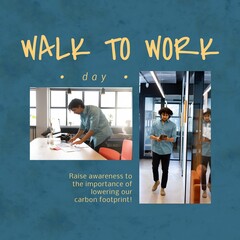 Composition of walk to work day text and biracial businessman walking