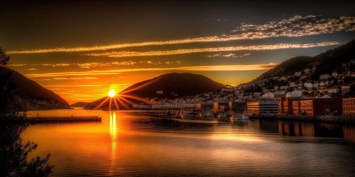 West Norwegian sunset over the water. Bergen's Norwegian coastline. Generative AI