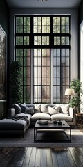 Obraz premium interior of modern living room with a wall filled with windows. Generative AI