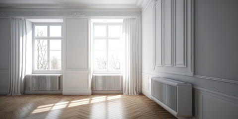 Empty living room with French oak parquet floors with plain white painted walls and a window with a radiator and white curtains. Generative AI