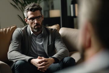 Fototapeta premium sad, stress or depression people in theraphy for mental issues, generative ai