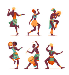 Set of african people dancing ritual dance. Men and women in traditional costumes move to tribal music and play folklore rhythms on drum. Cartoon flat vector collection isolated on white background