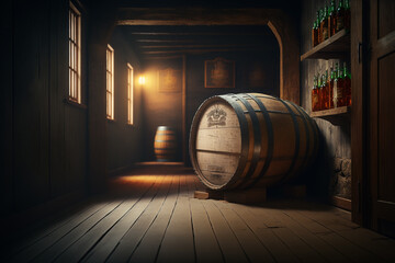 brewery cellar background, barrels, wine or beer, generative ai