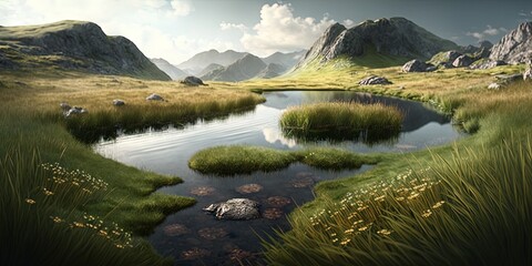 The alpine meadow's pond. Beautiful summer scenery in the early morning. hills covered in grass. ridge off to the side. Generative AI