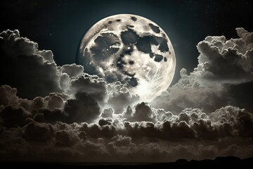 At night, the large moon glows admirably against the sky's white clouds. Generative AI