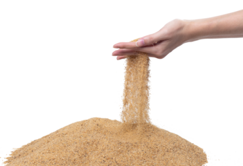 Hand releasing dropping sand. Fine Sand flowing pouring through fingers against white background. Summer beach holiday vacation and time passing concept. Isolated high speed shutter