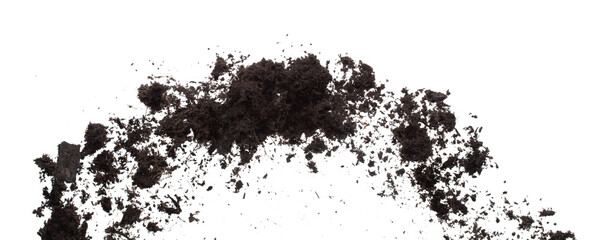 Black Fertilize Soil ready to planting, good organic soils with root for garden farming, fine detail of soil throw fly in air with dust dirty. High speed freeze shot over White background Isolated.