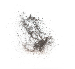 Black dried leave Tea explode. Small Fine size tea leaf flying explosion, Abstract cloud fly. Brown...