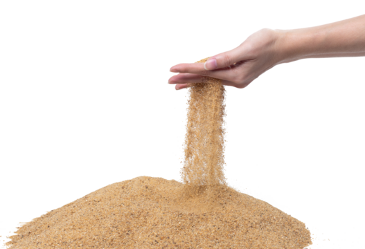 Hand releasing dropping sand. Fine Sand flowing pouring through fingers against white background. Summer beach holiday vacation and time passing concept. Isolated high speed shutter