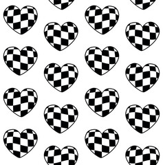 Vector seamless pattern of groovy checkered chess board texture heart isolated on white background