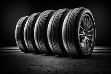Tires stacked one by one on asphalt. Generative AI