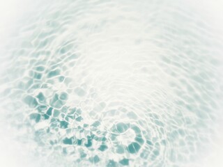 Fototapeta na wymiar Defocus blurred transparent blue colored clear calm water surface texture with splashes and bubbles. Trendy abstract nature background. Water waves in sunlight with copy space. Blue water shine