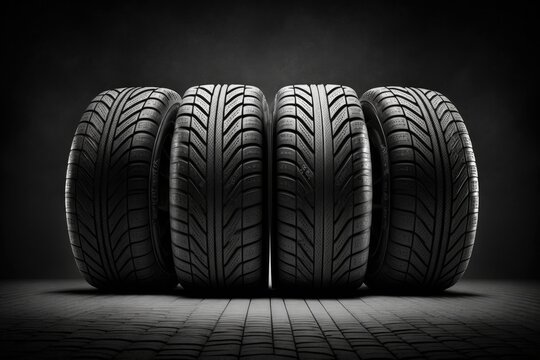 Four tires stacked one by one on asphalt. Generative AI