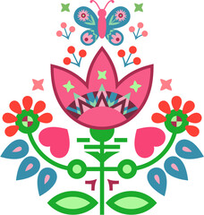 Artsy folk stylized flowers with butterflies, leaves, hearts, berries, other nature's elements and shapes in Scandinavian style. Isolated elements for paper, textile prints and digital realm projects.