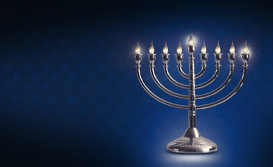 Silver menorah isolated on blue background