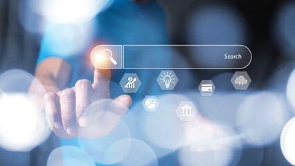 Businessman showing Search Bar On Virtual Screen, Data Search Technology Search Engine Optimization. Man use smart phone to Searching for information. Using Search Console with your website.