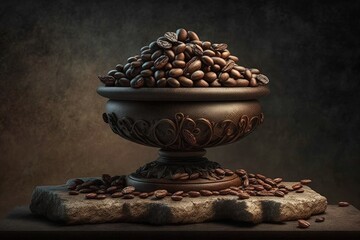 Brown background with roasted coffee beans on a stone pedestal. Generative AI