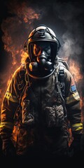 Fototapeta premium Firefighter fighting with fire flame protection property. Fireman wear hard hat, body safe suit uniform for protection from fire operation. Rescue trained in fire fighting extinguisher hazardous fires
