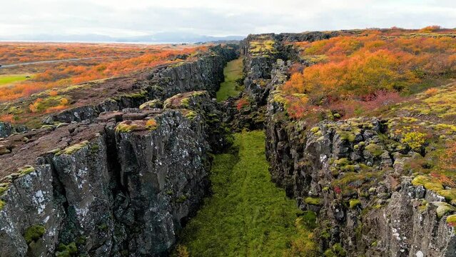 Aerial view of two tectonic plates meeting in Thingvellir National Park, Iceland