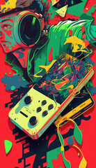 videogame console with colorful background with paint