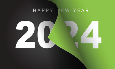 Happy New Year 2024 greeting card design template. End of 2023 and beginning of 2024. The concept of the beginning of the New Year. The calendar page turns over and the new year begins. - obrazy, fototapety, plakaty