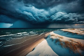 Baltic Sea shrouded in ominous clouds. Thunderstorm. azure sky aerial panorama taken from the coast. Seascape. Storm, gale, cyclone, inclement weather, climate change, and natural phenomena - obrazy, fototapety, plakaty