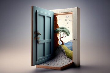 An illustrated door opening to reveal a miniature landscape inside