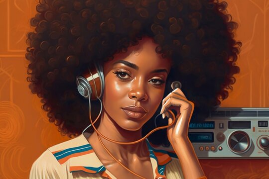Portrait of a woman with an afro hairstyle enjoying music on a classic walkman