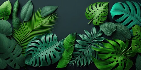 Fototapeta na wymiar Innovative layout of tropical green leaves with copy space. Spring in nature idea. Lay flat. Generative AI