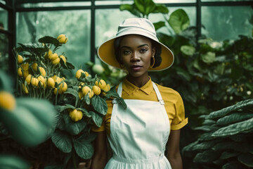 Black woman working in a botanical garden. Generative AI
