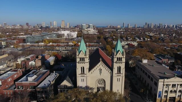 St. Josaphat Catholic Church and Suburbs of Chicago USA, Drone Aerial View on Sunny Autumn Day